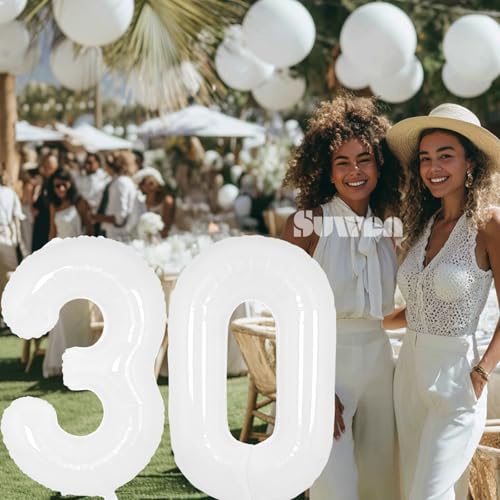 Image of SUWEN 40 Inch White Large 30 Balloon Number Big Foil Helium Numbers 0-9 | Giant Jumbo Happy 30th Birthday Party Decorations for Men or Women Huge Mylar Anniversary Party Supplies