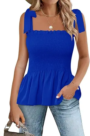 Micoson Ruffle Tank Tops for Women Summer Square Neck Sleeveless Tops Tie Shoulder Chiffon Blouse Babydoll Shirts