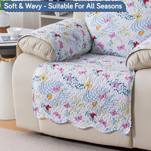 Image of HOKIPO Quilted Recliner Cover Mat for 1 Seater, Ivory Floral Butterfly
