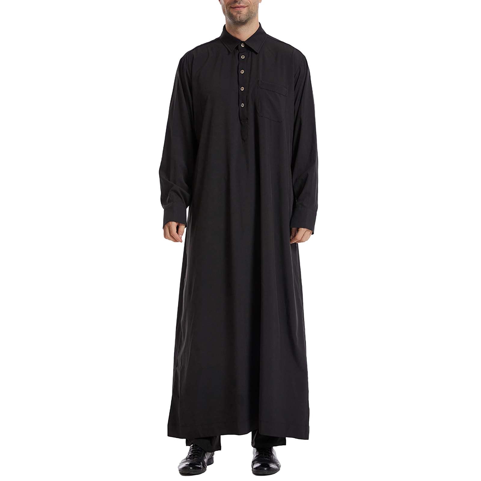 Męski długi szlafrok Thobe Jubba, islamska odzież ze stójką i guzikiem z przodu, arabski muzułmański kaftan Abaya, dopasowany krój, strój w stylu saudyjskim, do modlitwy Eid Ramadan