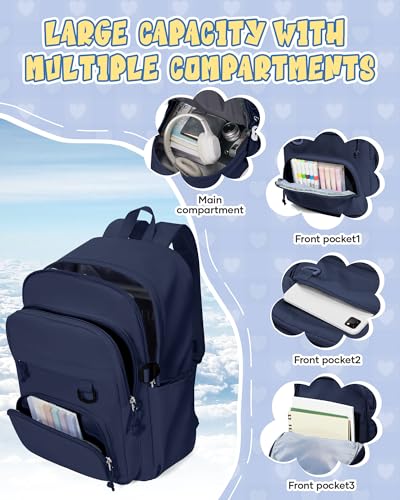 Image of Lightweight Backpack for College & High School Backpack With Lots of Pockets Cute School Bag for Girls Boys, Large Capacity Bookbag for Women Men, Waterproof Teens Casual Daypack Backpack(Dark Blue)