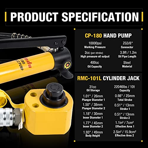 Image of 10T Multi-Section Stoke Hydraulic Cylinder Jack Kit RMC-101L 0.98 inch Stroke + CP-180 400cc Manual Hydraulic Hand Pump Hydraulic Porta Power Kit