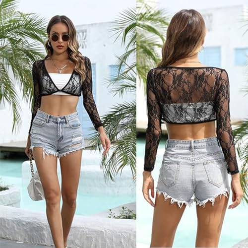 Women's Crop Top Long Sleeve Shrug Lace Short Blouse Shrug Sexy Lace Lining Cardigan Sheer Cover Up3