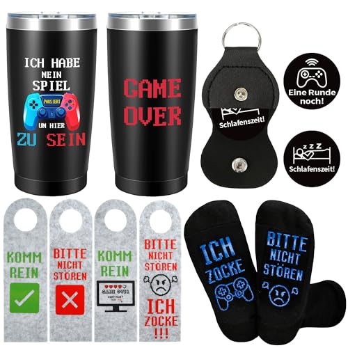 Festivora Gamer Geschenk Zocker Geschenk – Lustige Gaming Socken, Edelstahl Becher, Türhänger – Gamer Weihnachts Geburtstag Geschenke für Männer Teenager Jungen, Videospiel Geschenke für Männer