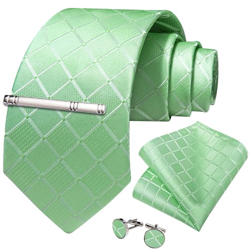 Image of DiBanGu Mens Silk Plaid Tie and Pocket Square Set | Elegant Silk Formal Tie Set, Woven Check Necktie and Cufflinks Tie Clip Set, Perfect for Wedding Party, Comes in Gift Box
