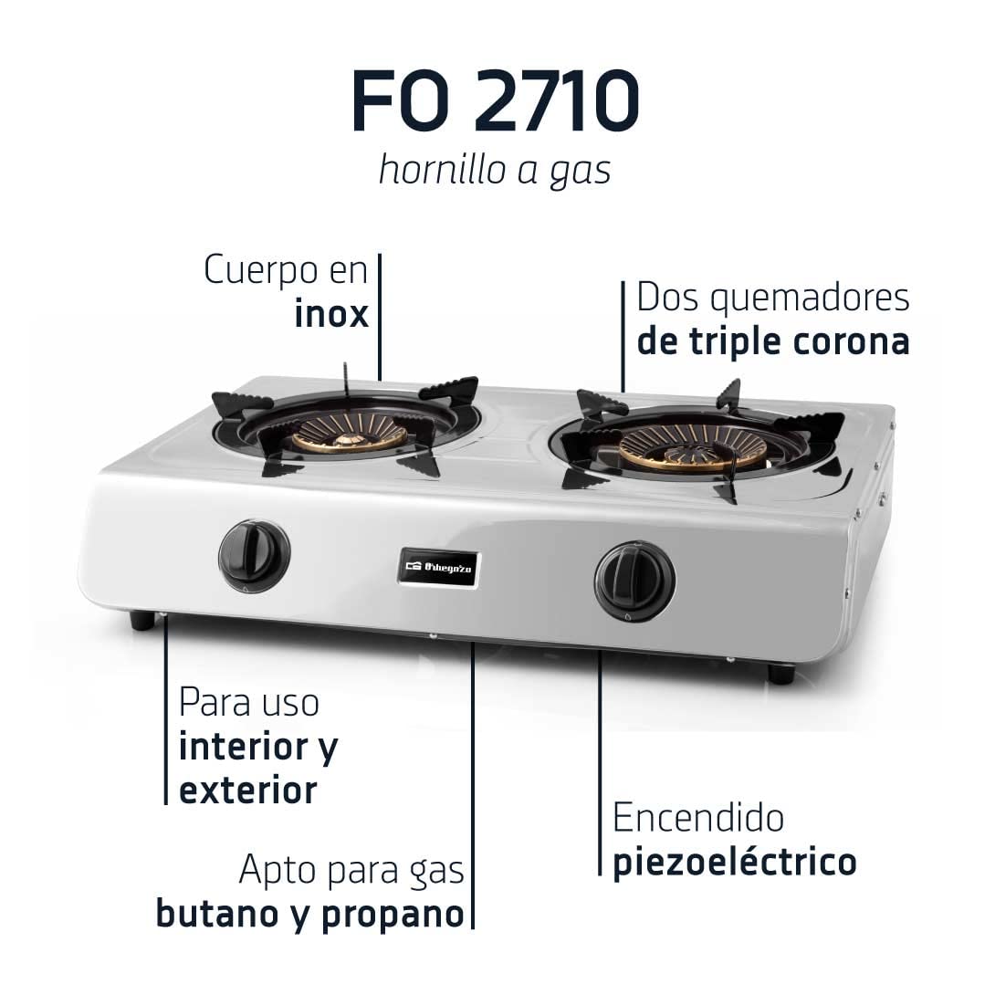 Hornillo gas butano o propano, cuerpo INOX, 2 quemadores de triple corona, encendido piezoeléctrico