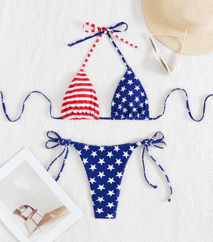 Image of Tainehs Women's Sexy Halter Thong Bikini Tie Two Sides Bottom Triangle Bikini Swimsuits