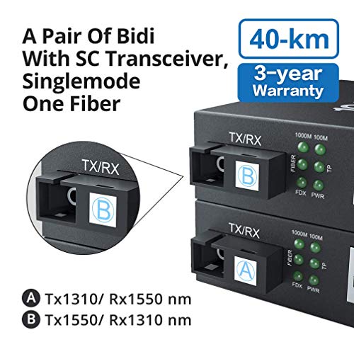 Image of 10Gtek a Pair of Gigabit Bidi Fiber to Ethernet Media Converter, SingleMode Single SC Fiber to Ethernet RJ45 Converter for 10 /100 /1000Base-Tx to 1000Base-EX, UL Certified, 1310-nm, up to 40-km