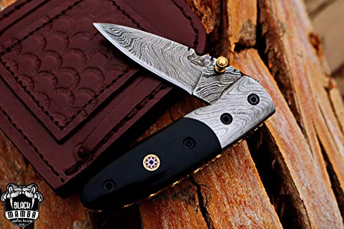 Black Mamba Knives BMK-401 Pandinus 7.5 Long 3.5 Blade 5 Ounce Damascus Pocket Clip Knives Handmade Damascus Pocket Folding Knife With Leather Cover Hand Made Word Class knives