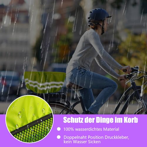 Regenschutz Fahrradkorb,Fahrrad Korbabdeckung Wasserdicht mit Reflektorstreifen,Fahrradkorb Abdeckung Für alle Fahrradkörbe,Fahrradkorbs Abdeckung Hinten Mit Aufbewahrungstasche (Fluoreszierende Grün)
