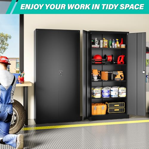 Image of SISESOL Wide & Deep Metal Storage Cabinet with Lock & 5 Shelves,72 inch Black Garage Storage Cabinet with Locking Doors,Lockable Cabinets for Home,Office,Garage,Shop,Basement 72x36x18