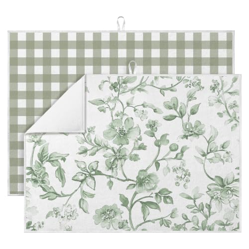Image of Domensi 2 Pack Gingham Sage Green Dish Drying Mat Floral Microfiber Mat