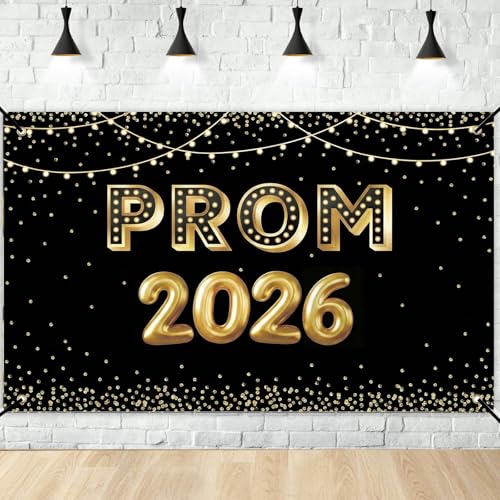 Prom 2026 Decorations Banner Graduation Background with Black Gold Backdrop Photo for High School Graduate Prom Night Party Leavers Party Polyester Fabric 71×43 inches (Gold)