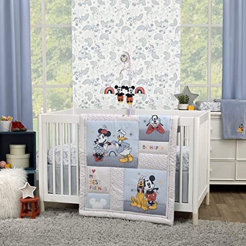 Image of Disney Mickey and Friends Grey, Blue, Gold and Red Mickey Mouse, Minnie Mouse, Donald Duck, Pluto and Goofy 3 Piece Nursery Crib Bedding Set - Comforter, Fitted Crib Sheet and Crib Skirt
