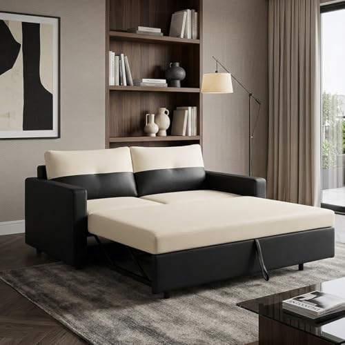 Image of SOCOZI Enrique 2 Seater Sofa Cum Bed | Premium Leatherette Upholstery | Modern Convertible Design | Comfortable Seating & Sleeping Solution for Living Room (Black-Cream)