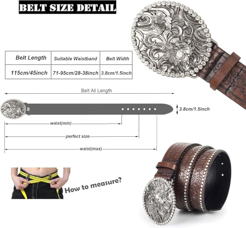 Womens-Rhinestone-Studded Western-Cowboy-Cowgirl-Belt Flower-Buckle Waist-Belt for Jeans Pants(28"-38")3