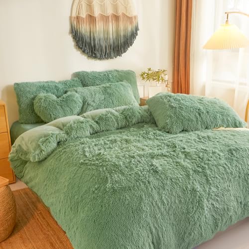 Shaggy Fluffy Green Comforter Cover King Set – Faux Fur Shaggy Green Bedding 3-Piece Set (1 Duvet Cover + 2 Furry Pillow Shams) Cozy Bed Set