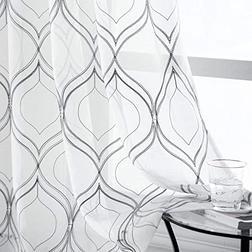 VISIONTEX Moroccan Embroidered Trellis White Sheer Curtains Panels, Damask Textured Rod Pocket Voile Tulle Semi Window Treatment Drapes, Set of 2, Width 54 inch x Length 84 inch, Grey