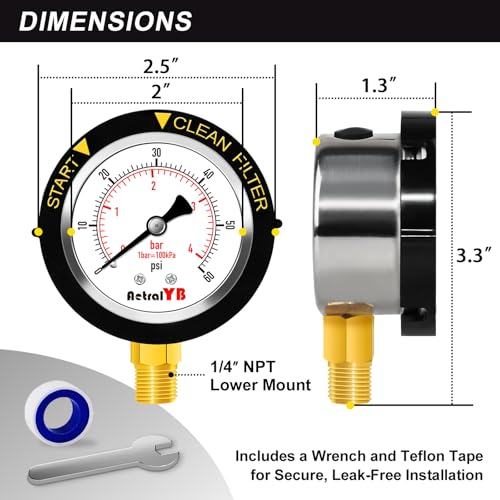 AetralYB Pool Filter Pressure Gauge - 304 Stainless Steel Case, IP67 Waterproof, 0-60 PSI, for Swimming Pool Pump, Spa & Aquarium Filter System, Clean Filter Indicator, 2\" Dial, 1/4\" NPT Bottom Mount - Thumbnail 7