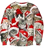 Ahegao Unisex Cute Ugly Christmas Sweatshirts Cats and Hat Graphics Clothes Guys Bro Funny Personalized Xmas Wear Festival Red and Brown Pullover Sweater for Adult Boy Girl M