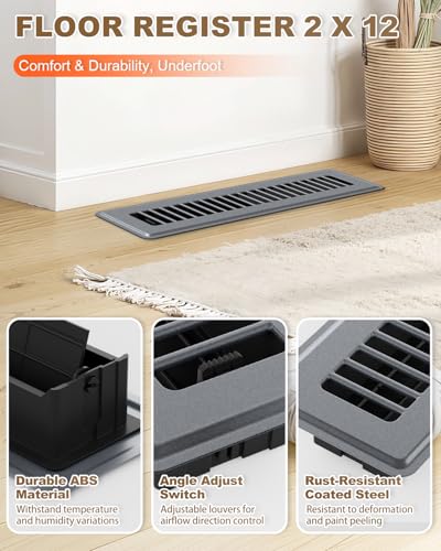 Image of 2 x 12 Floor Register, 4 Pack - Gray Vent Covers for Home Floor, Anti-Rust Coated Metal Surfaces with Adjustable Airflow Control Lever, Ideal for HVAC Systems, Living Room & Bedroom Floor Vents