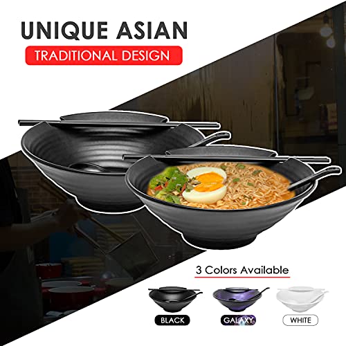 Kimi Cuisine Ramen Bowl Set Of 2, 8Pcs Total With Chopsticks, Black Melamine Bowls With Soup Ladle Spoons, Saucer Cups And Large 37 Oz #TOP5