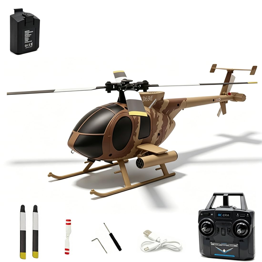 RC ERA C184 MD500 RC Helicopter, 2.4G 4CH Brushless RC Helicopter with Optical Positioning, 6-Axis Groy Military Aircraft Model for Adults - 1 Battery