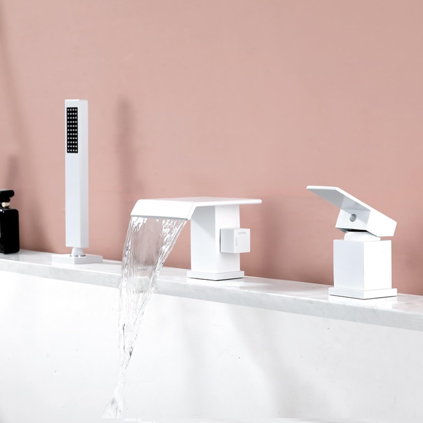 SnamicE 3 Hole Bath Taps Black Waterfall Bath Shower Mixer Taps + Shower Kit Single Lever Bathtub Faucet,White