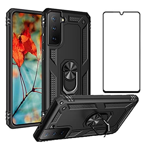 Cover per Samsung Galaxy S21 FE 5G con Pellicola Vetro Temperato Vetrino Magnetica Anello Supporto Resistente Protettiva Protezione S21FE5G S 21 S21FE G5 Custodia Case silicone tpu nero