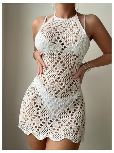 OYOANGLE Women's Crochet Halter Cover Up Dress Hollow Out Backless Sleeveless Bikini Coverups3