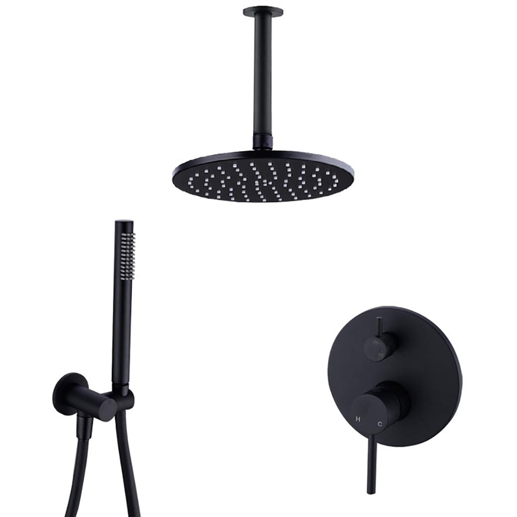 OZBMA Shower Set System, Brass Black Ceiling Mounted Diverter Mixer Bathroom with 8-12 Inch Round Rainfall Head and Handheld Shower, Set,10 inch (size_name 12 Inch)