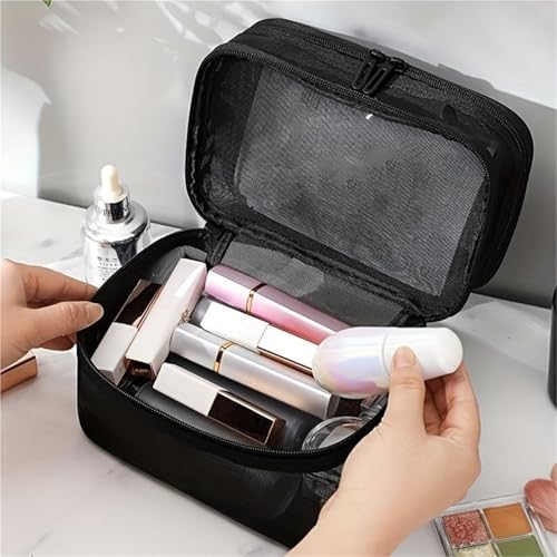 Pochette cosmétique double couche grise avec poignée pour rangement nomade - 3