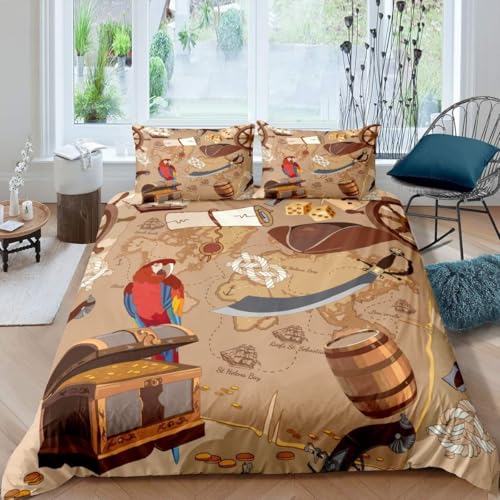 Loussiesd Ensemble de Literie Filles Garçons Enfants Voile Thèmes Nautiques Housse de Couette 220x240cm thème Marin Pirate Parure de Lit Vintage Aventure en...