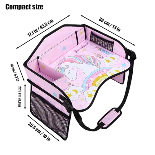 Image of PandaEar Kids Travel Tray for Car Seat, Unicorn Lap Tray for Girls with Tablet Holder, Snack Storage & Cup Holder, Road Trip Table for Toddler Activities Drawing