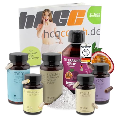 hCGC Stoffwechselkur 21 Tage Basispaket - Omega 3, OPC, MSM, Vitamin Komplex Kapseln, Flohsamen Pulver, zuckerfreier Sirup mit Maracuja für Energie - Darmkur & Stoffwechselunterstützung