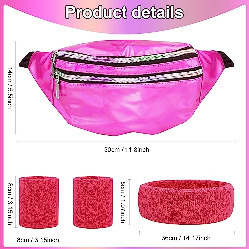 Eurtes 80er Jahre Accessoires, 4er Pack 80er Jahre Outfit Damen Herren Zubehör, Sportlicher 90er 80er Jahre Kleidung Schweißband Stirnband Armbänder und Wasserdicht Bauchtasche (Rosa)