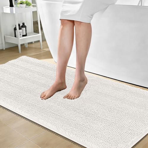 Image of OLANLY Thick Bathroom Runner Rugs 59x24, Absorbent Chenille Striped Bath Rugs, Rubber Backing, Machine Wash Dry, Extra Long Bath Mats for Bathroom Floor, Tub and Shower, Home Decor Accessories, Ivory