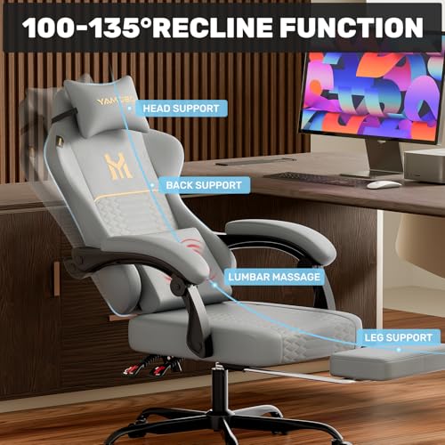 Image of Gaming Chair with Footrest, Ergonomic Video Game Chair with Adjustable Lumbar and Headrest Massage Support,PU Leather High Back Recliner Comfortable for Office, Game and Study, Grey