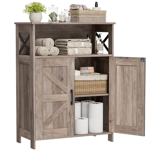 Image of Homhedy Farmhouse Bathroom Storage Cabinet with 2 Doors, Toilet Paper Cabinet with Adjustable Shelves, Small Bathroom Cabinet for Kitchen/Laundry/Living Room, 11.8 x 23.6 x 31.5 Inches, Greige