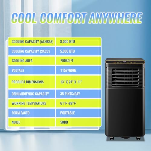 Image of 8000 BTU Portable Air Conditioner 3 In 1 Portable AC with Remote Control Dehumidifier, Fan Mode Suit for Room up to 250 Sq. ft Black
