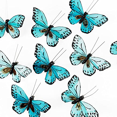 Factory Direct Craft Group of 12 Shades of Teal Artificial Feathered Butterflies with Clips for Summer Floral Arrangements and Displays