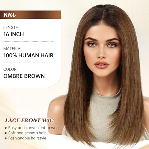 Image of KKU 16 Inch Ombre Brown Human Hair Wigs for Women,5x5 Lace Front Wigs Human Hair,wigs for women