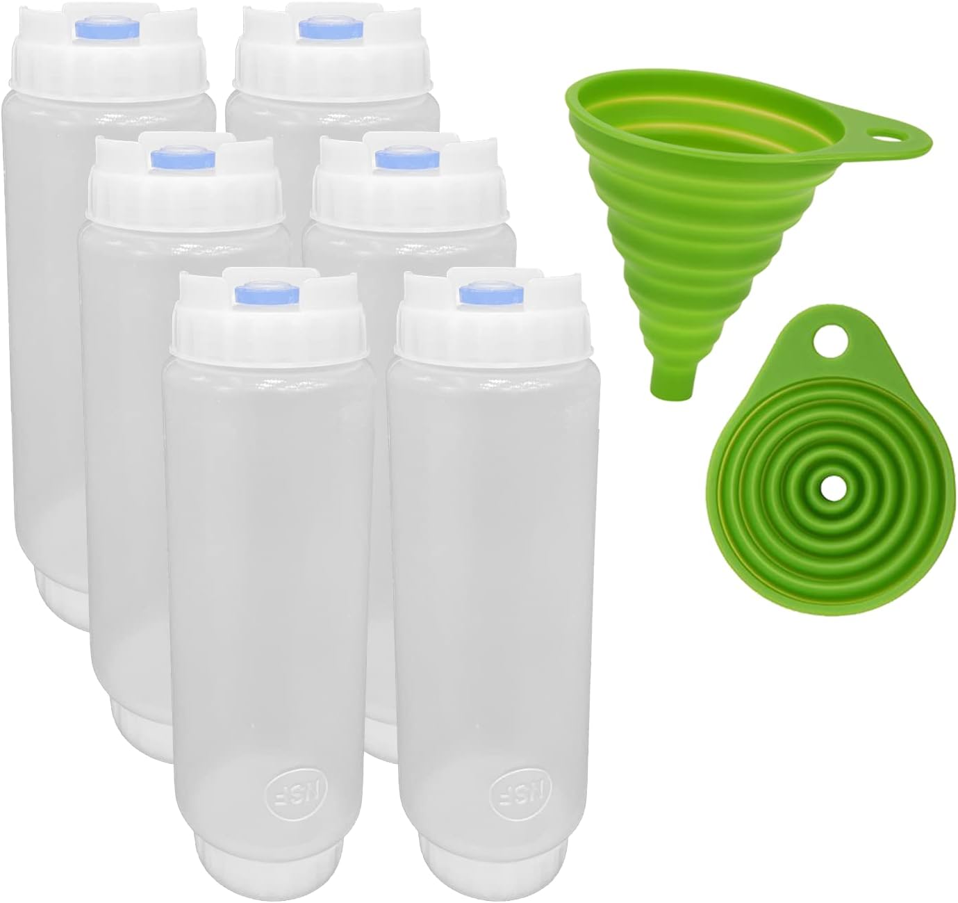 Rockland Guard FIFO Squeeze Bottle Refillable (6 Pack) Blue Dispenser for Thick Condiments, Tartar Sauces, Rellish and Dressing with Flexible Funnel (Blue)