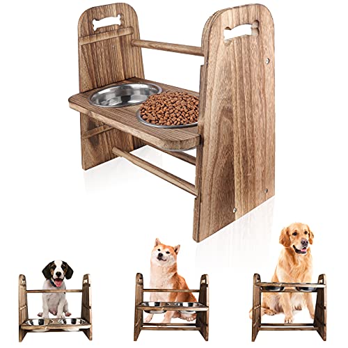 [Updated 2nd] LByzHan Elevated Dog Bowls, 3-in-1 Adjustable Height 4in 8in 13in Wood Raised Dog Bowls Feeder Stand with 2 Food and Water Bowls for Dogs and Cats (Carbonized Black)