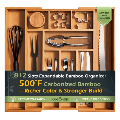 keechee Carbonized Bamboo Kitchen Drawer Organizer, 8-10 Slots Expandable Silverware Organizer, Utensil Holder & Cutlery Tray, 2.2
