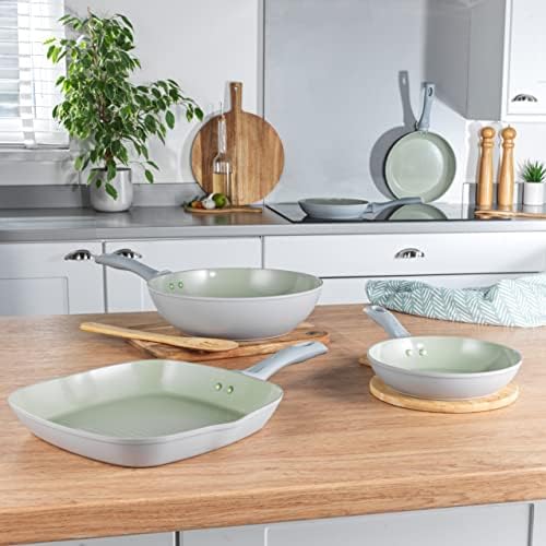 Salter BW09276 Earth Frying Pan Non-Stick Cookware, 20 cm, Strong Titanium Based Ceramic Coating, for All Hob Types Including Induction, Soft-Touch Handle, Easy Clean Forged Aluminium Grey/Green