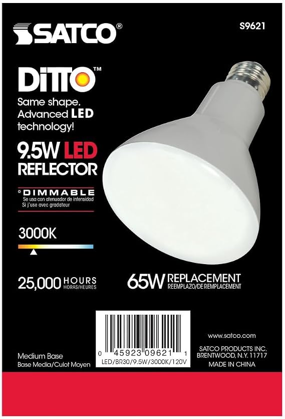 Satco S9621-9.5 Watt BR30 LED Reflector Soft White Light Bulbs - 105 Degree Beam Angle - 3000K - E26 Medium Base - 120 Volt - Dimmable - 750 Lumens - 6 Pack