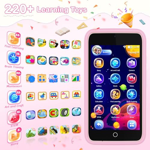 Image of Kids Smart Toy Phone, Dual Camera with Stickers, 10.1 cm Touchscreen Learning Toy with 210+ Games, 190+ Drawing Activities, 8GB Kids Cell Phone, for Ages 3-12 (Pink)