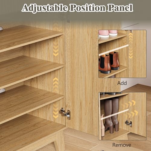 Image of Shoe Cabinet Storage for Entryway with Doors, 4 Tier Fluted Shoe Organizer with 2 Drawers, Entryway Shoe Storage with Adjustable Shelves, Freestanding Hidden Shoe Rack for Front Door Entrance, Oak