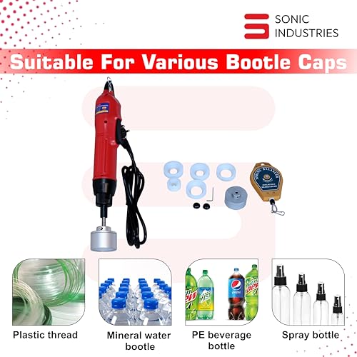 Image of SONIC INDUSTRIES Electric & Manual Portable Metal Head Handheld Bottle Capping and Sealing Machine, 80W Power, 12-90mm Screw Cap Range, Adjustable Capping Diameter, Voltage 220V